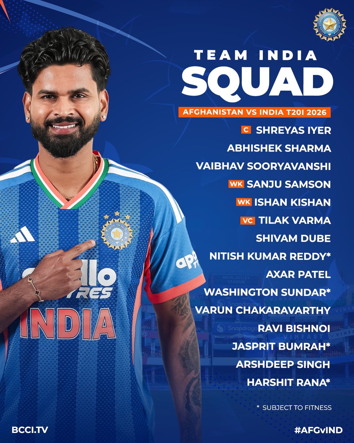 Indian Squad Announced; Opportunity for Vaibhav Suryavanshi, Sanju Samson Returns